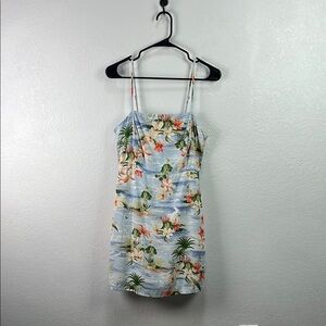Forever 21 Tropical Print Dress Multicolor Sz S linen blend Summer Casual Chic